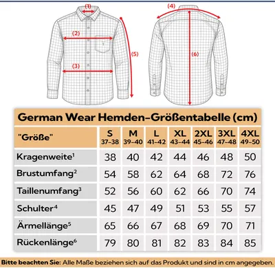 Größentabelle für traditionelle Herrenhemden mit Angaben zu Brust-, Längen- und Ärmellängenmaßen.