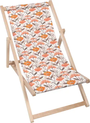 A folded wooden deck chair with a floral pattern.