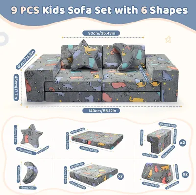 Immagine prodotto di Divano giocattolo per bambini - Divano modulare composto da 9 elementi - Divano-gioco per la cameretta dei bambini - Modello a due posti - Imbottitura in schiuma - Rivestimenti sfoderabili - Luminescente al buio