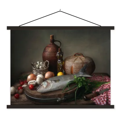 Produktbild von MuchoWow® Textilposter Rustikal - Fisch - Stilleben - Gemüse - Kräuter 120x90 cm mit schwarzem Rahmen - Aufhänger für Poster