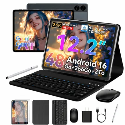 Image de BESTTAB T60, tablette Android 16 de 12,2 pouces avec 48 Go de RAM (12 Go + 36 Go), 256 Go/2 To de stockage, processeur Octa-Core et batterie de 10000 mAh, incluant un stylet, une coque, une souris et un clavier