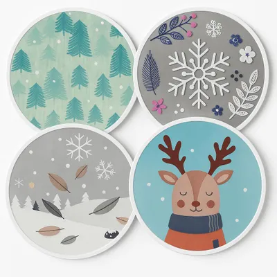 A collage of four round coasters, each with a different winter-themed illustration.