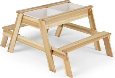 Produktbild von COSTWAY 2 in 1 Kindersitzgruppe mit Matschtisch, Outdoor Picknicktisch mit abnehmbarem Deckel & 2 Sandkästen, Sand Wasser Spieltisch, Kindertische