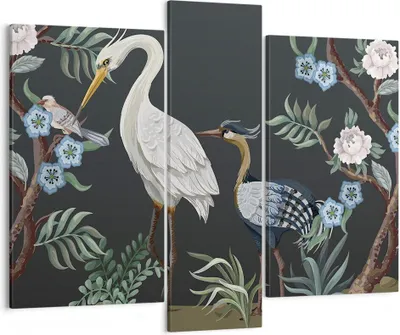 Produktbild von Bild auf Leinwand - Leinwandbild - 3 Teile - Asiatisch Reiher Blumen - 95x80cm - Wand Bild - Wanddeko - Wandbilder - Leinwanddruck - Bilder - Wanddekoration - Leinwand bilder - Wandbild - CB95x80-4699