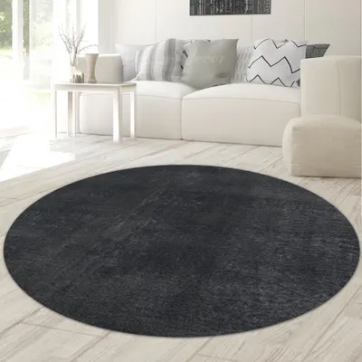 Produktbild von Shaggy Teppich Wohnzimmer weicher Hoch- & Langflor Flokati Badezimmer waschbar in anthrazit Größe - 120 cm Rund