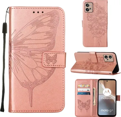 Obrázek produktu pro Moto G32 Pouzdro, Motýlí Reliéf Flip Kožené Pouzdro s Kapsami na Karty a Stojánkem pro Motorola Moto G32 Růžové zlato