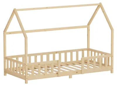 Zdjęcie produktu dla Łóżeczko dziecięce ML-Design 90 x 200 cm z zabezpieczeniem przed wypadnięciem, daszkiem i stelażem z listew – naturalne łóżko podłogowe w stylu Montessori z litego drewna sosnowego – łóżko w kształcie domku dla dziewczynek i chłopców