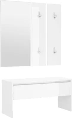 A white hallway furniture set with a mirror and a bench with a drawer, shown against a white background.