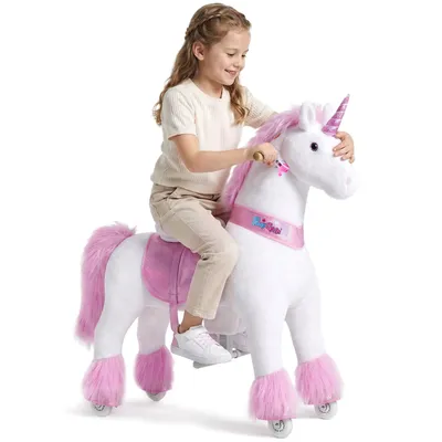 Image de PonyCycle pour enfants 7+ Licorne en peluche Licorne à cheval sur roulettes(108 cm de hauteur) Rose Ux502