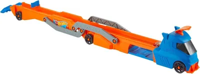 Produktbild von Hot Wheels City Speed Track Transporter, Truck lässt sich in eine ca. 42 cm lange Rennstrecke mit Starter verwandeln, bietet Platz für bis zu 9 Spielzeugautos, enthält Fahrzeug im Maßstab 1:64, LKW, 3 Jahr(e), Kunststoff, Blau, Orange