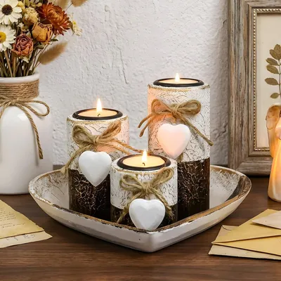 Productafbeelding van Houten theelichthouder met dienblad, 3-delige set kandelaars voor bruiloft, tafeldecoratie, hartvorm, romantische woondecoratie voor vriendin