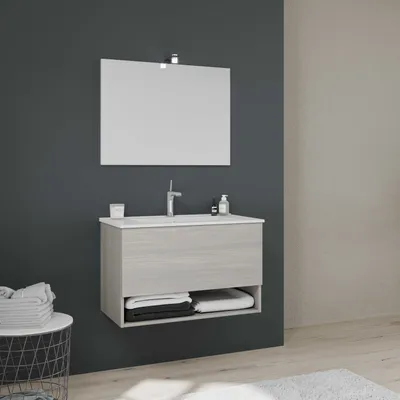 Produktbild von 80cm Möbelset für das Bad mit Keramikwaschbecken und Schublade, in grauer Holzoptik | Venezia