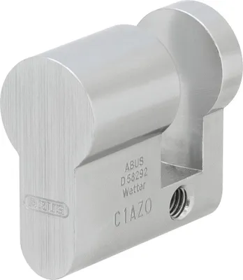 A close-up studio shot of a silver-colored lock cylinder.