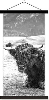 Produktbild von MuchoWow® Textilposter Schottisches Hochlandrind - Berg - Tiere 90x180 cm mit schwarzem Rahmen - Dekoration Wohnzimmer