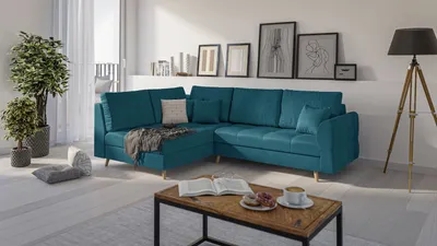 Produktbild von S-STYLE MÖBEL - Ecksofa mit Holzfüßen im skandinavischen Stil Marco aus Blau Luxusmicrofaser - Ottomane links - B/T/H: 231 cm/161 cm/81 cm