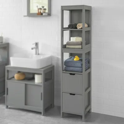 Produktbild von SoBuy FRG126-SG Hochschrank für Bad Badregal mit Fußpolster Badezimmer Badmöbel stahlgrau BHT ca.: 30x145x30cm