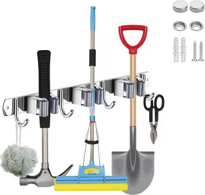 Produktbild von Unyqoos® Besenhalter Wandhalter aus rostfreiem Edelstahl 304 mit 3 Klemmen & 4 Haken, Silikon-Antirutsch, Wand- oder Selbstklebemontage