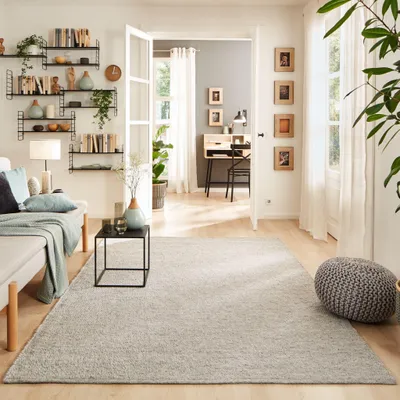 Produktbild von Steffensmeier Handweb Teppich Stillach | Wolle Schurwolle Neuseeland gewalkt, Grau, handgewebt, Größe: 90x160 cm Wohnzimmer und Schlafzimmer