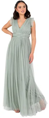 Produktbild von Anaya – Damenmaxikleid mit kurzen Ärmeln, V-Ausschnitt, Satindetails und Tüll