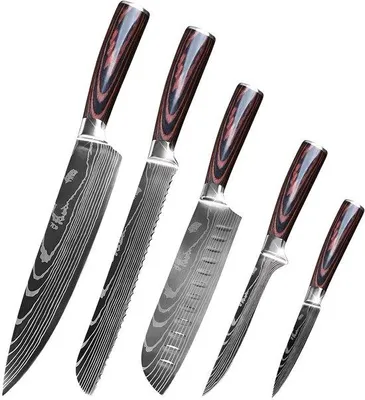 Productafbeelding van Ibenzoa® 5-delige professionele keukenmes set – koksmes, broodmes, Santoku mes, fileermes en groentemes | Koolstofstaal, roestvrij, ergonomische handgrepen van pakka hout