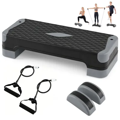 Obrázok produktu pre COSTWAY Aerobický stepper 3 v 1, s nastaviteľnou výškou, fitness stepper s 2 stupňami a trénermi rovnováhy, s odporovými gumami, sivý