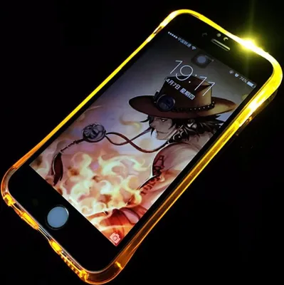 A smartphone with a glowing yellow case is displayed against a black background. The phone's screen shows a character from an anime.