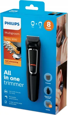 Productafbeelding van Philips MULTIGROOM Serie 3000 Multifunctionele trimmer, model MG3730/15. Geschikt voor het trimmen van baard, haar, neus- en oorharen. Kleur: zwart, vorm: rechthoekig. Geschikt voor: baard, oor, snor, neus. Materiaal: roestvrij staal. Voeding: netstroom. Gebruikstijd: 60 minuten
