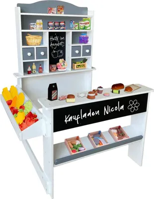 Produktbild von Kaufladen Nicola Kinder Kaufmannsladen aus Holz, Verkaufsstand Theke, Tafel, Seitentheke & Schublade Marktstand als tolles Geschenk, Grau