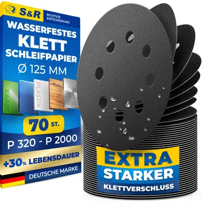 Obrázek produktu pro S&R Voděodolné brusné papíry na suchý zip, 125 mm, sada 70 kusů