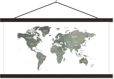 Produktbild von MuchoWow® Textilposter Weltkarte - Grau - Design 120x60 cm mit schwarzem Rahmen - Dekoration Schlafzimmer