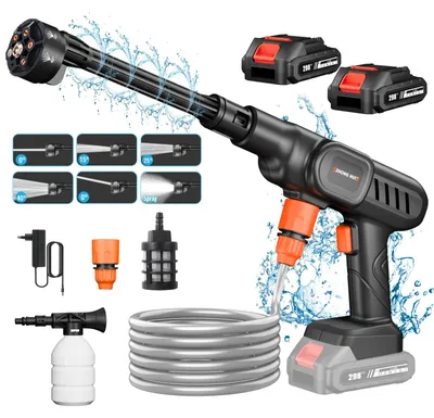 Image de Nettoyeur haute pression sans fil - Pistolet de nettoyeur haute pression - 2 batteries de 10000 mAh - Buse rotative 6 en 1 - Auto-amorçant - Tuyau de 5 mètres - Réservoir à mousse - Portable