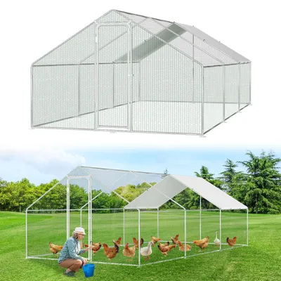 Image de Poulailler Peviasot avec enclos extérieur, dimensions 3 x 6 x 2 mètres, surface de 18 m², toit en pente, structure en acier galvanisé de 25 mm, grillages en fil de PVC et bâche de protection en polyéthylène blanc