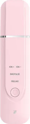 A pink facial cleansing device with silver accents and text labels.