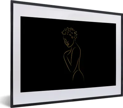 Produktbild von MuchoWow® Gerahmtes Poster Frau - Schwarz - Gold - Strichzeichnung 40x30 cm - Poster mit Schwarzem Bilderrahmen Wandposter Rahmen Foto Bilder - Bilderrahmen - Poster im Rahmen