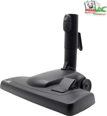 A black vacuum cleaner attachment is displayed against a white background. A logo with text 'MisterVac' and 'dustbags for you' is in the top right corner.