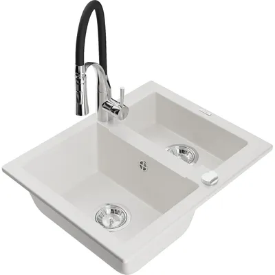 Obrázek produktu pro Mexen Carlos 1-miskový granitový dřez s kuchyňskou baterií Aster, Bílá - 6518-20-73450-07