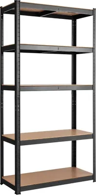 Zdjęcie produktu dla Regał magazynowy 5-poziomowy z metalową ramą, stojak metalowy, nośność do 650 kg, 75 x 30 x 150 cm, czarny