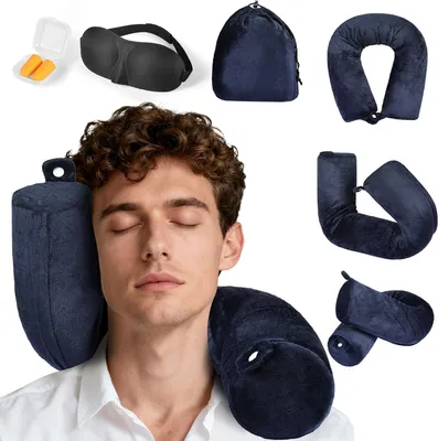Produktbild von Reisekissen, Memory Foam, für unterwegs, ergonomisches Nackenstützkissen, inklusive Ohrstöpsel und Schlafmaske