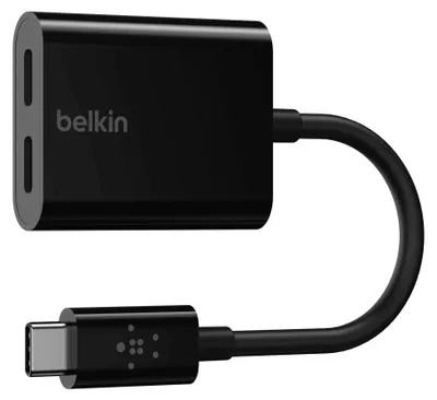 A black Belkin USB-C audio and charging adapter with a USB-C connector.