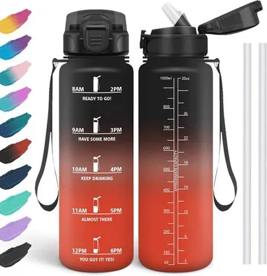 Produktbild von Famanu Wasserflasche 1 Liter, auslaufsicher, ideal für kohlensäurehaltige Getränke, BPA-frei, mit Strohhalm für Schule, Fahrrad und Fitness