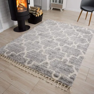 Produktbild von Teppich Wohnzimmer Schlafzimmer Hellgrau Grau Hochflor Fransen Boho Marokkanisch 140 x 200 cm