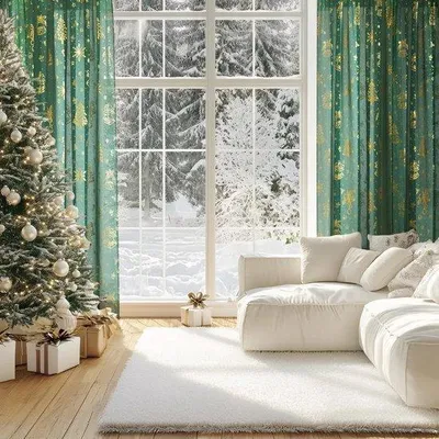 Zdjęcie produktu dla Zasłony świąteczne Unyqoos® w ciemnozielonym kolorze, 220 x 140 cm, sprzedawane pojedynczo – wyglądające jak len, przepuszczające światło, z złotymi świątecznymi motywami, przeznaczone do zawieszenia na karniszu lub szynie