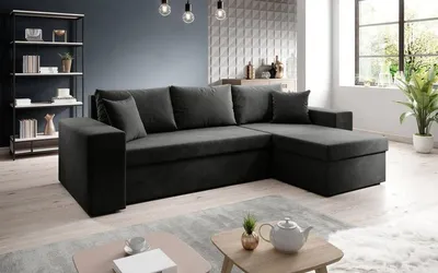 Produktbild von 3 Sitzer Ecksofa ANTONIO ALICE - 248x147x81cm, Ottomane links oder rechts, Schlaffunktion & 2 Bettkästen, Eckgarnitur, Samtbezug in Schwarz
