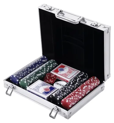 Image de Mallette de poker en aluminium - Set de poker professionnel pour casino - 200 jetons, 5 dés, 2 jeux de cartes, bouton de croupier - Gris foncé