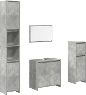 A set of bathroom furniture pieces arranged against a white background.