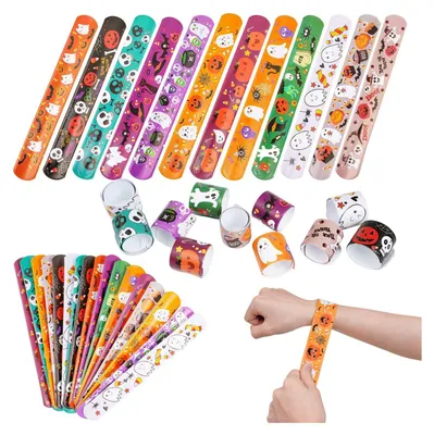 Produktbild von 48 Stück Halloween-Schlagarmbänder, sortierte Masse, Kürbis-Zombie-Hexen-Schnapparmband-Armbänder für Kinder, Halloween-Party, Geschenktütenfüller, Versorgung…