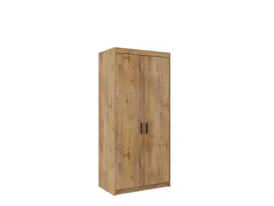 A tall, two-door wardrobe with a wood-grain finish.