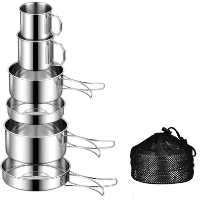 Image de Ensemble de vaisselle de camping Koch, 6 pièces en acier inoxydable, pour 2 à 3 personnes, avec sac de transport