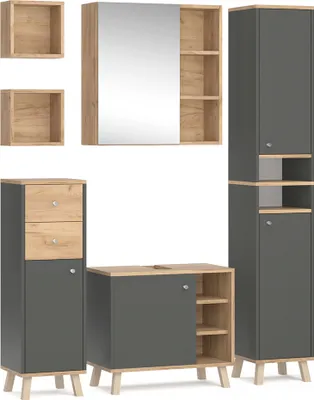 A collection of bathroom furniture pieces arranged against a white background.