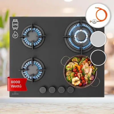 Obrázek produktu pro Klarstein Firetale plynová varná deska 4 hořáky 60 cm hliníkové hořáky vč. hadice a redukčního ventilu, Obrázek vytvořený pomocí AI
